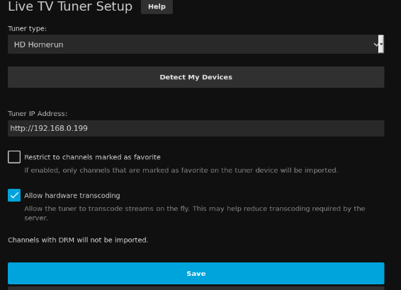 Saving TV tuner setup